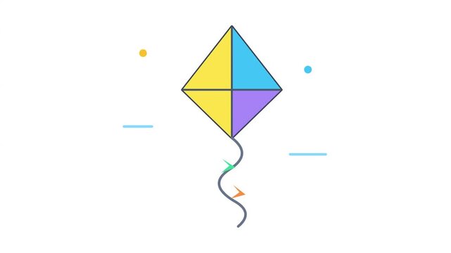 Animated colorful kites floating in minimalist vector style against clean white background motion