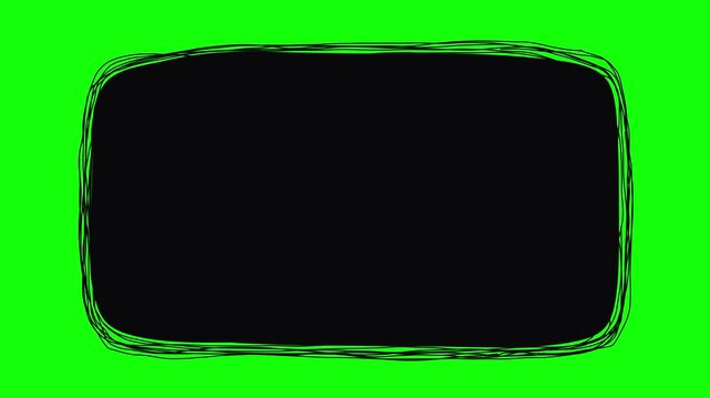 Hand drawn scribble black rectangular frame loop animation with multi line outline on green screen background. For video titles, lower thirds, quote overlays, social media videos, and motion editing.