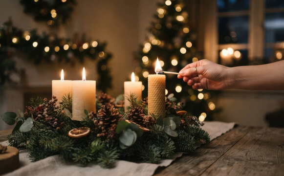 Woman lighting fourth candle on traditional advent wreath with pine cones and fir branches during Christmas season holidays celebration indoors