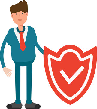 Businessman in Green Suit Character and Check Mark Shield
