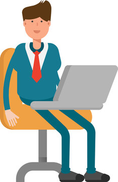 Businessman in Green Suit Character Working on Laptop
