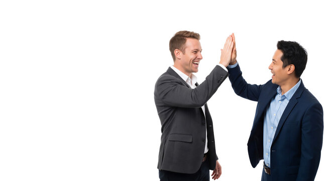 Two happy businessmen in suits giving a high five to celebrate success isolated white background