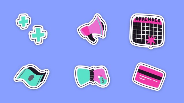 Stickers Shopping / Hand Drawn Payment Icons With a Megaphone and Calendar for Retail Promos, Ecommerce and Social Media / Horizontal / Part 04
