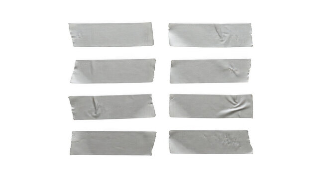 Set of eight pieces of silver duct tape isolated on transparent background