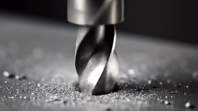 Close up of a metal drill bit creating a hole in a steel surface with shavings.