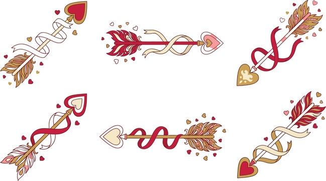 Set of decorative cupid arrows with hearts and ribbons