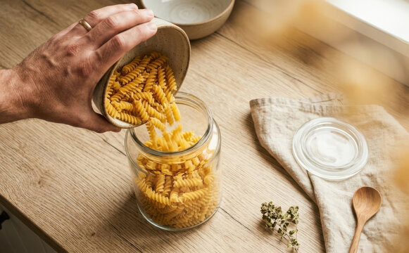Person pouring dry fusilli pasta from a small ceramic bowl into a glass storage jar on a wooden kitchen countertop with a linen cloth