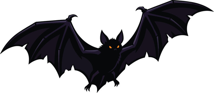 Cartoon illustration of a spooky flying bat with glowing orange eyes