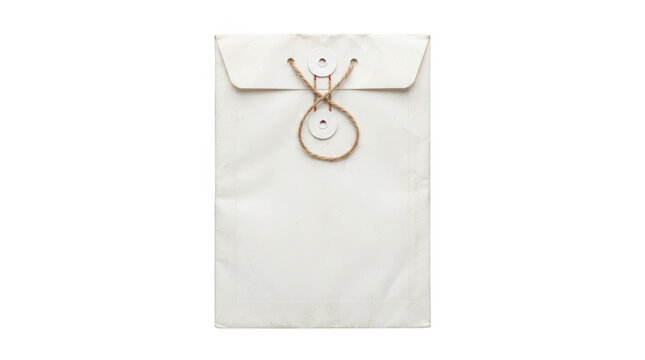 White paper envelope with string closure isolated on transparent background