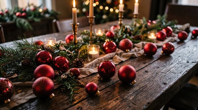 Festive christmas dining table decorated with red ornaments evergreen branches and glowing candles for a cozy holiday dinner
