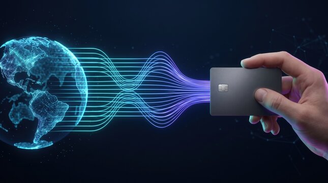 A person holds a credit card connecting to a glowing digital globe with neon lines.