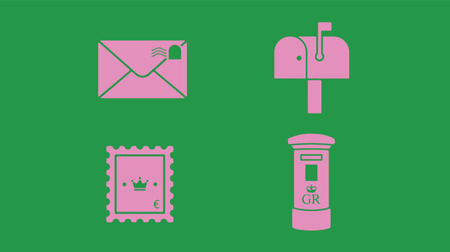 Set of postal envelope, mailbox, decorative stamp, and classic pillar post box representing mail delivery, letter correspondence, postal service, communication, and traditional message sending concept