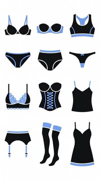 Set of black and blue woman lingerie icons