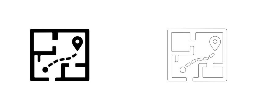 Building floorplan map with navigation path vector icon filled and outline, indoor wayfinding navigation symbol.