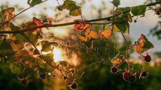 Glistening cobweb with dew drops strung between raspberry leaves and berries, lit by warm low sun with soft bokeh. Peaceful autumn garden, macro nature and golden hour background.
