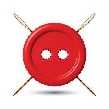 Vector 3d Red Sewing Button with Yellow Needles Icon, Isolated. Tailoring Craft Symbol. Clothing Fastener, Needlework Accessories, Dressmaker Atelier Illustration. Sewing Supplies