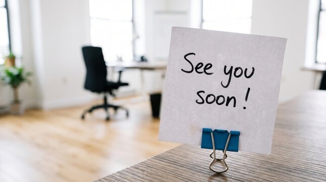 Note with handwritten message and binder clip on wooden desk