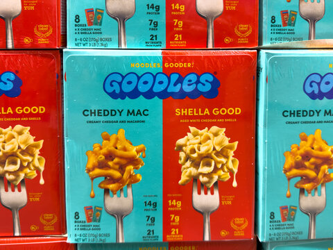 Prosper, Texas, USA - September 21st, 2026: Goodles mac and cheese boxes shown in Costco wholesale store