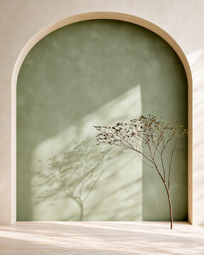 Minimalist Jade Green Limewash Plaster Interior with Sculptural Arch