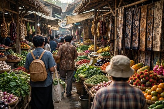 Bustling traditional market in Central Java Indonesia with fresh tropical fruits vegetables and batik fabrics