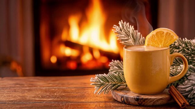 Steaming winter drink offering warmth and tranquility beside an evening hearth. Eye level lockdown shot of a ceramic mug resting by the fire.