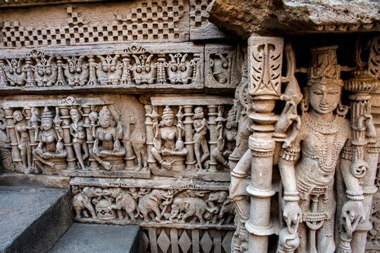 The Intricately carved stone sculptural of deities and figures of Rani ki Vav an 11th century stepwell in Patan Gujarat, India