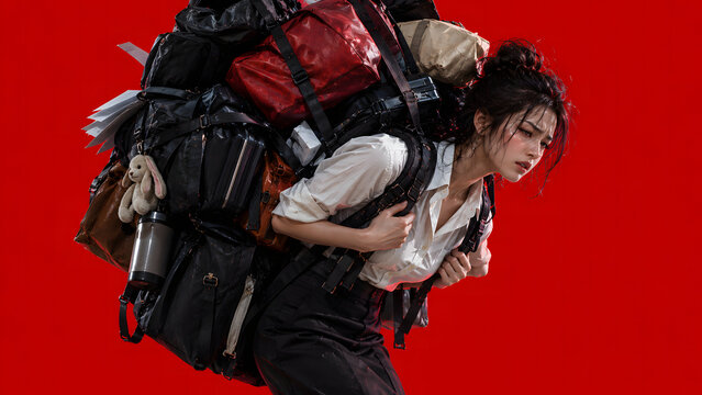 Woman Carrying Many Heavy Bags, Concept of Carrying a Burden and Being Overburdened, Overwhelmed Woman, Excessive Responsibilities, Stress, Emotional Pressure and Daily Life Challenges
