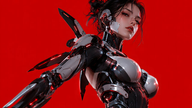 Beautiful Seductive Cyborg Woman in Futuristic Armor, Alluring Female Cybernetic Warrior