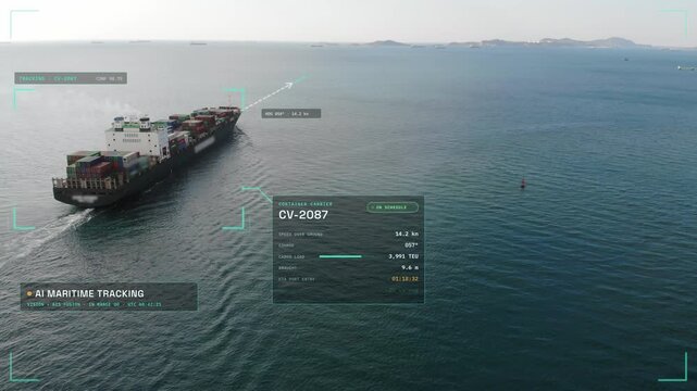 Aerial view of container cargo ship navigating in sea with smart AI maritime tracking system HUD interface display, representing global logistics, freight transport, and trade technology concept