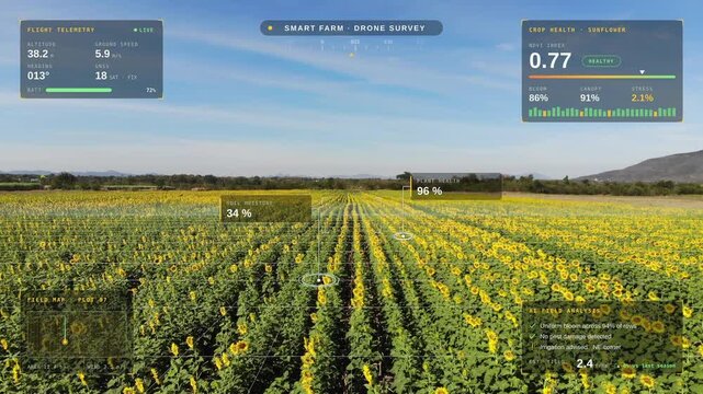 Aerial view of blooming sunflower field with smart farming agriculture drone survey HUD interface display, representing precision farming, agrotech, crop health monitoring, and technology concept