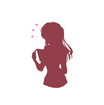 スマホを操作する女性　夢中　ハートマーク　シルエット