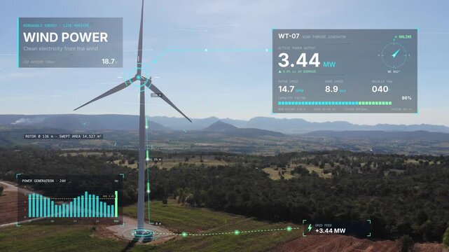 Aerial view of wind turbine generating clean electricity with smart grid data analysis HUD interface display, representing renewable green energy, sustainable technology, and eco power concept