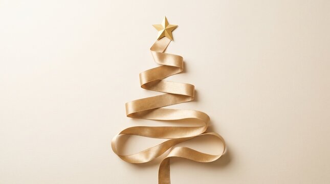 Minimalist gold ribbon christmas tree decoration with star topper
