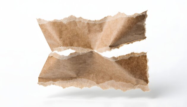 Two pieces of torn brown craft paper floating against white background