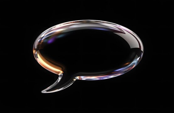 A glossy glass speech bubble floating against a solid black background