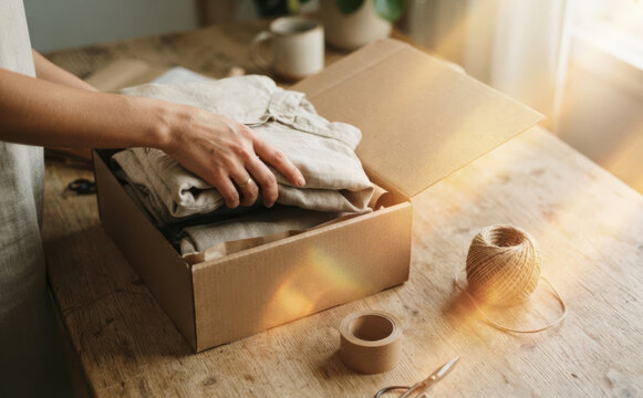 Woman packing linen clothing into a cardboard shipping box on a rustic wooden table for eco-friendly e-commerce delivery and sustainable small business order fulfillment