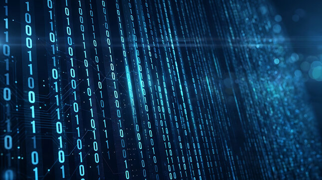 Glowing blue binary digits descending in vertical patterns against dark