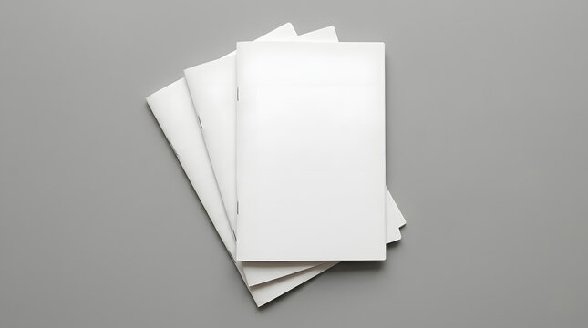 Blank white booklets mockup on solid gray background top down view