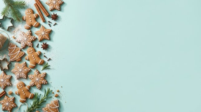 Winter holiday background featuring a light aqua blue surface with a left-side vertical border arrangement of frosted gingerbread cookies, evergreen pine twigs, cinnamon sticks, and star ani