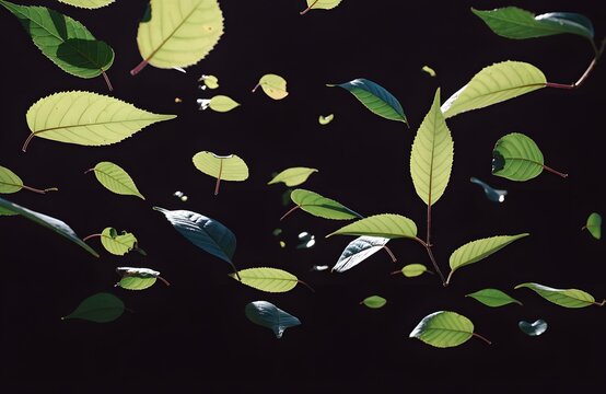 Green leaves floating in the air against a dark black background