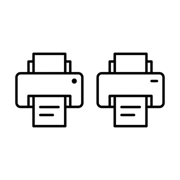 Two simple line art icons of desktop printers with paper