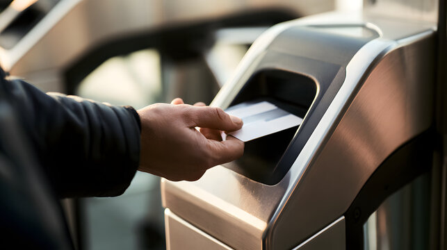 hand using cards to interact with an electronic turnstile device against