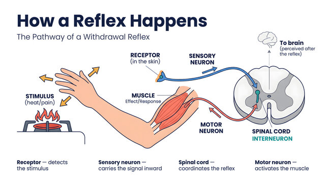 human body reflex action pathway diagram illustrating withdrawal reflex from heat pain stimulus via sensory motor neurons spinal cord brain connection clear educational digital illustration for