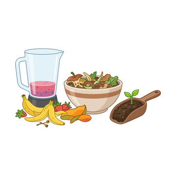 Blender with fruit smoothie bowl and organic compost scoop featuring banana peels and food scraps for sustainable gardening and healthy kitchen waste recycling illustration