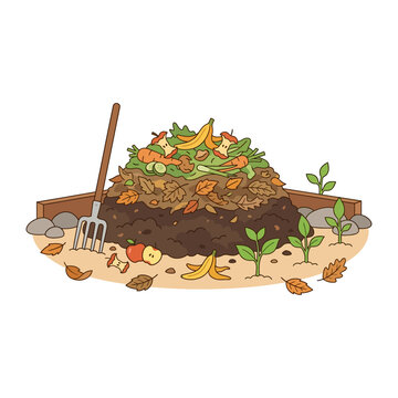 Compost pile with organic food waste vegetable scraps and garden fork in a wooden bin for sustainable agriculture and soil enrichment in flat vector illustration