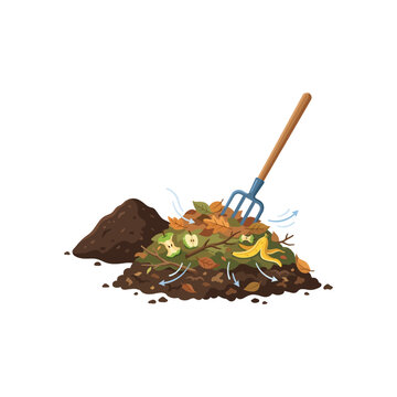 Compost pile with organic waste dry leaves and garden fork showing decomposition process on white background for sustainable agriculture and eco friendly waste management illustration