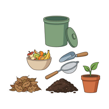 Compost bin with fruit scraps bowl garden scoop sieve pile of dry leaves soil and small potted plant for organic waste recycling and gardening illustration