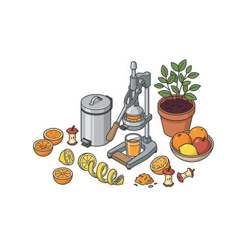 Manual citrus juicer with fresh orange juice glass fruit peels apple cores and potted plant in isometric vector illustration style on a clean white background
