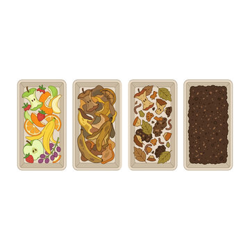 Four rectangular containers showing stages of organic food waste decomposition from fresh fruit scraps to dark soil in a flat vector illustration style