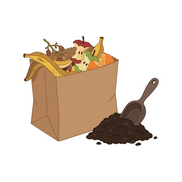 Paper bag filled with food scraps and fruit peels next to a small garden scoop with dark soil for composting and organic waste recycling illustration